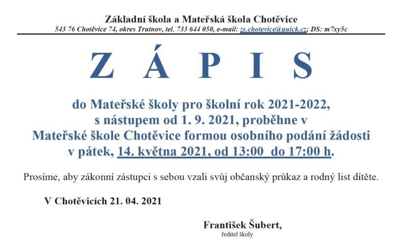 Zápis do Mateřské školy pro školní rok 2021-2022