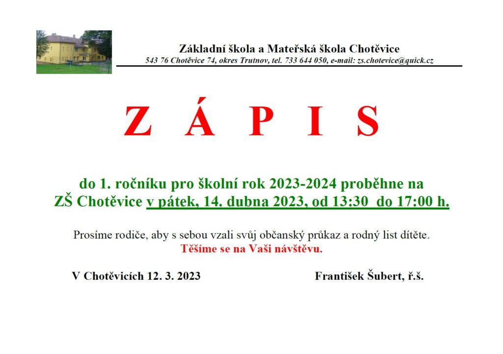 Zápis do 1. ročníku pro školní rok 2023-2024