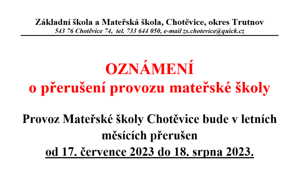 <strong>OZNÁMENÍ o přerušení provozu mateřské školy</strong>