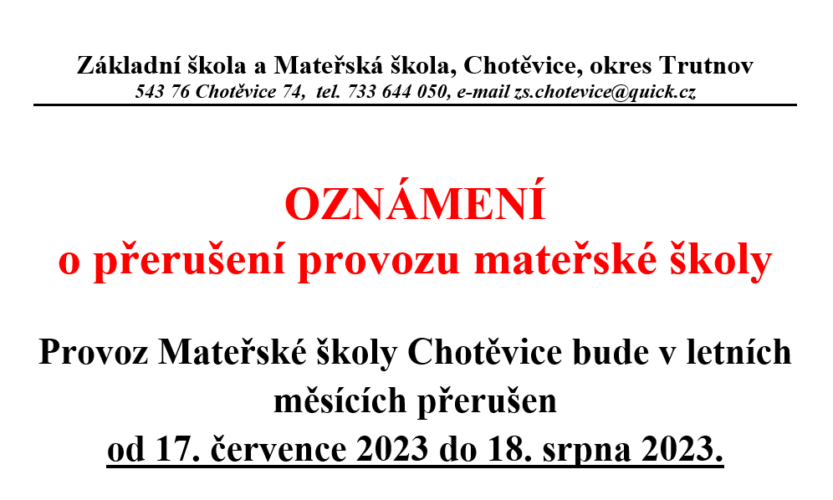 <strong>OZNÁMENÍ o přerušení provozu mateřské školy</strong>